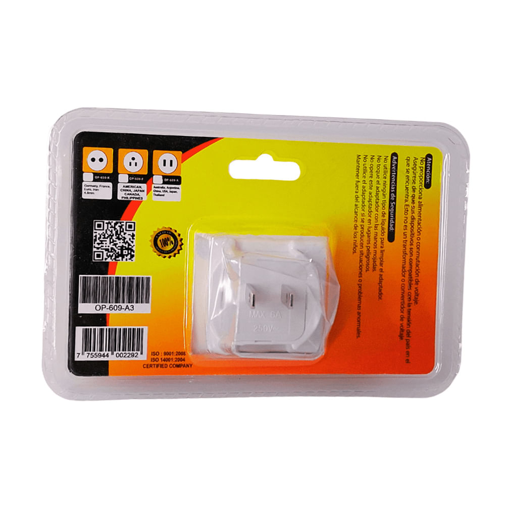 Imagen 2 del producto Adaptador enchufe plano triple Opalux OP-609-A3, 3 tomas universales, blanco